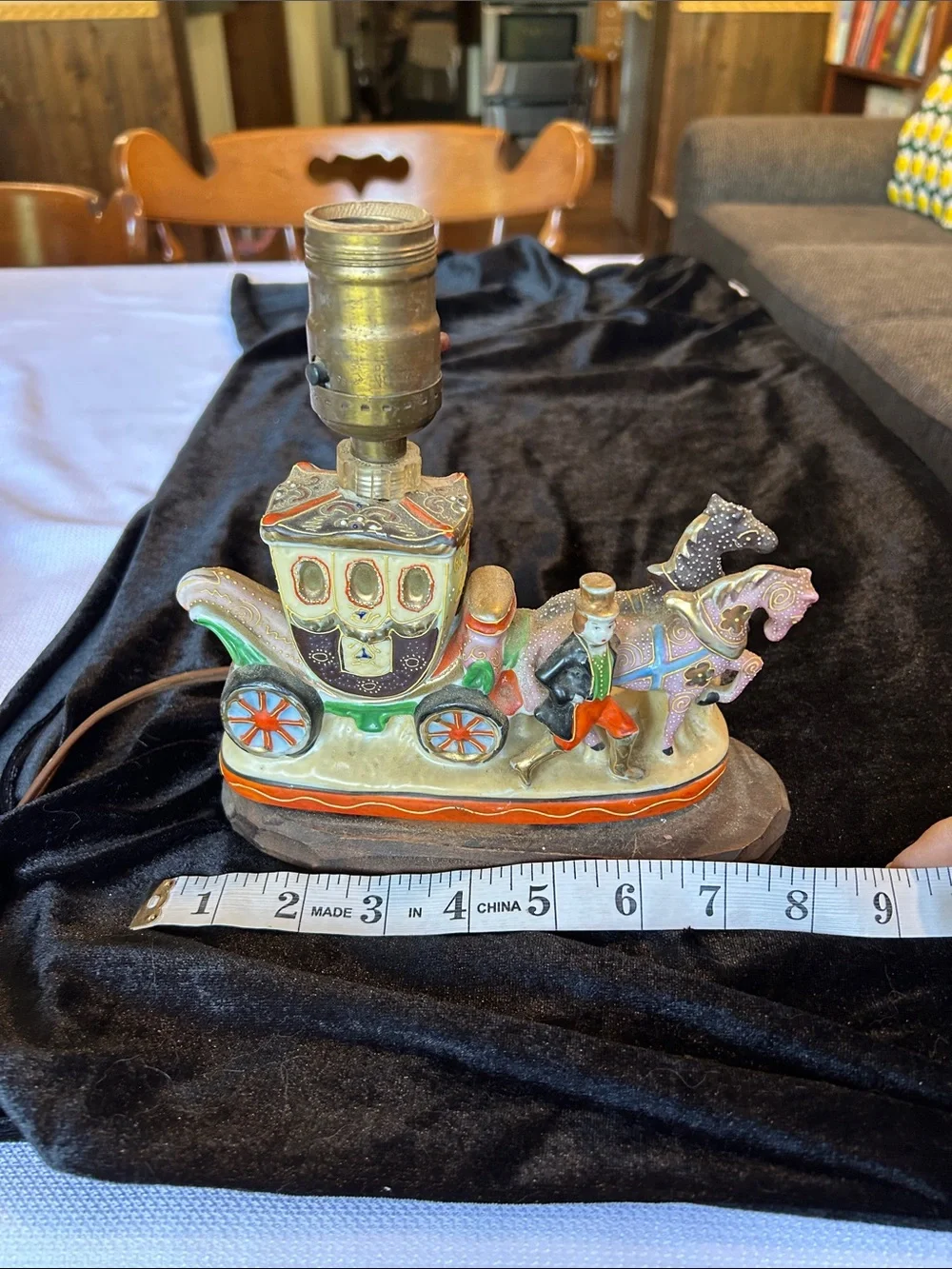 Vintage Ceramic Carriage Lamp with Horse and Driver - Multicolor